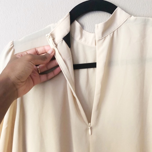 SOLD- Sheer blush nude mockneck gathered sleeve top - Picture 4 of 7